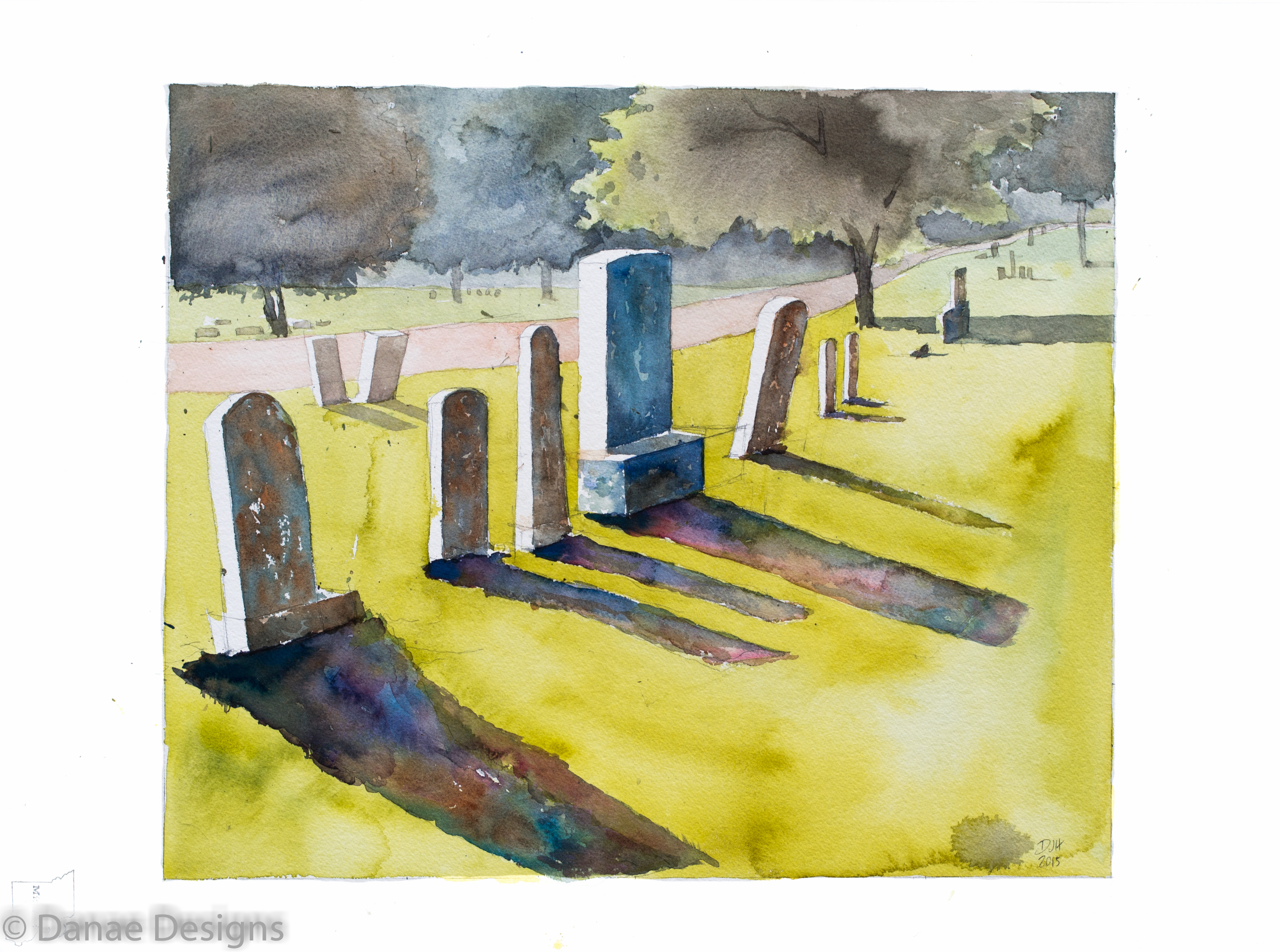Danae Designs Plein Air Louisiana Missouri Historical Cemetery 2015 Watercolor Dynamic Shadows