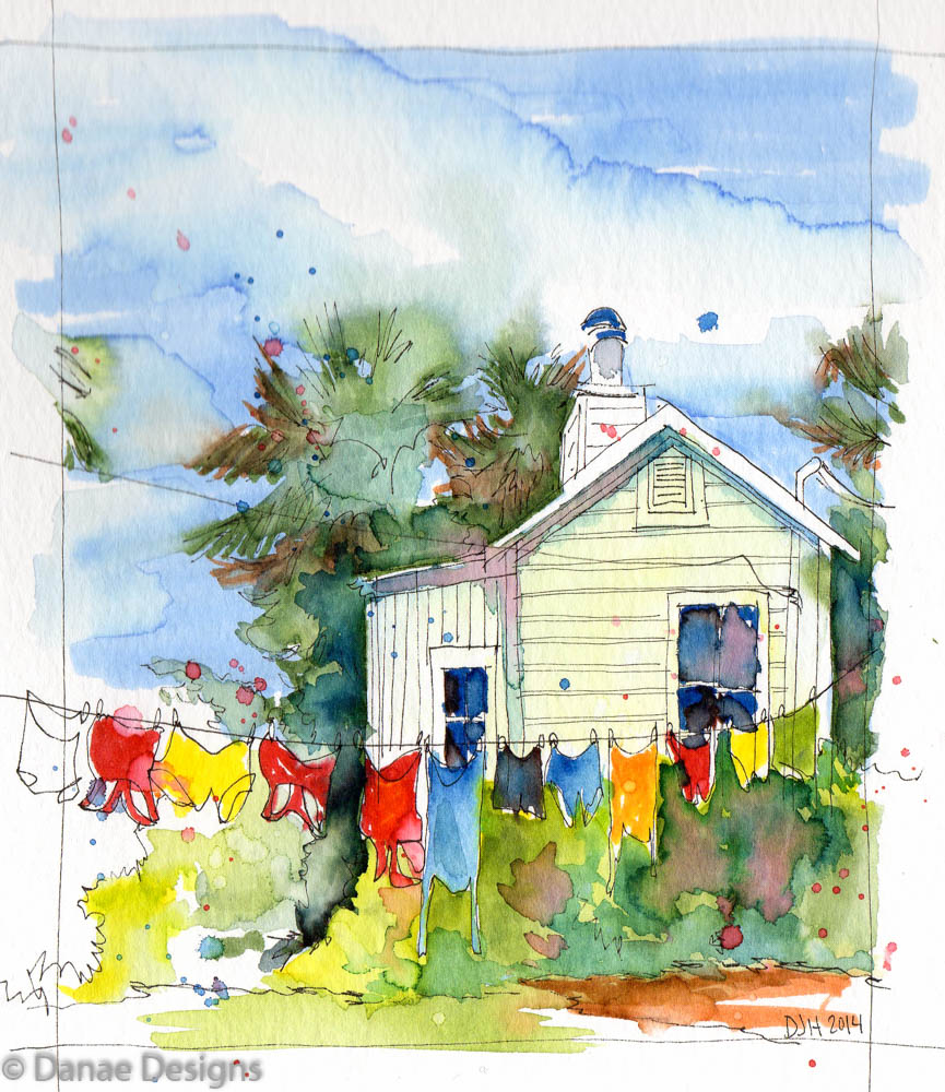Danae Designs Watercolor Plein Air Green Cottage Clothes on the Line