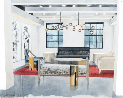 Danae Designs Watercolor Hand Rendering Reagan Hayes Room New York Showroom New York City