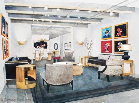Danae Designs Watercolor Hand Rendering Reagan Hayes Room New York Showroom