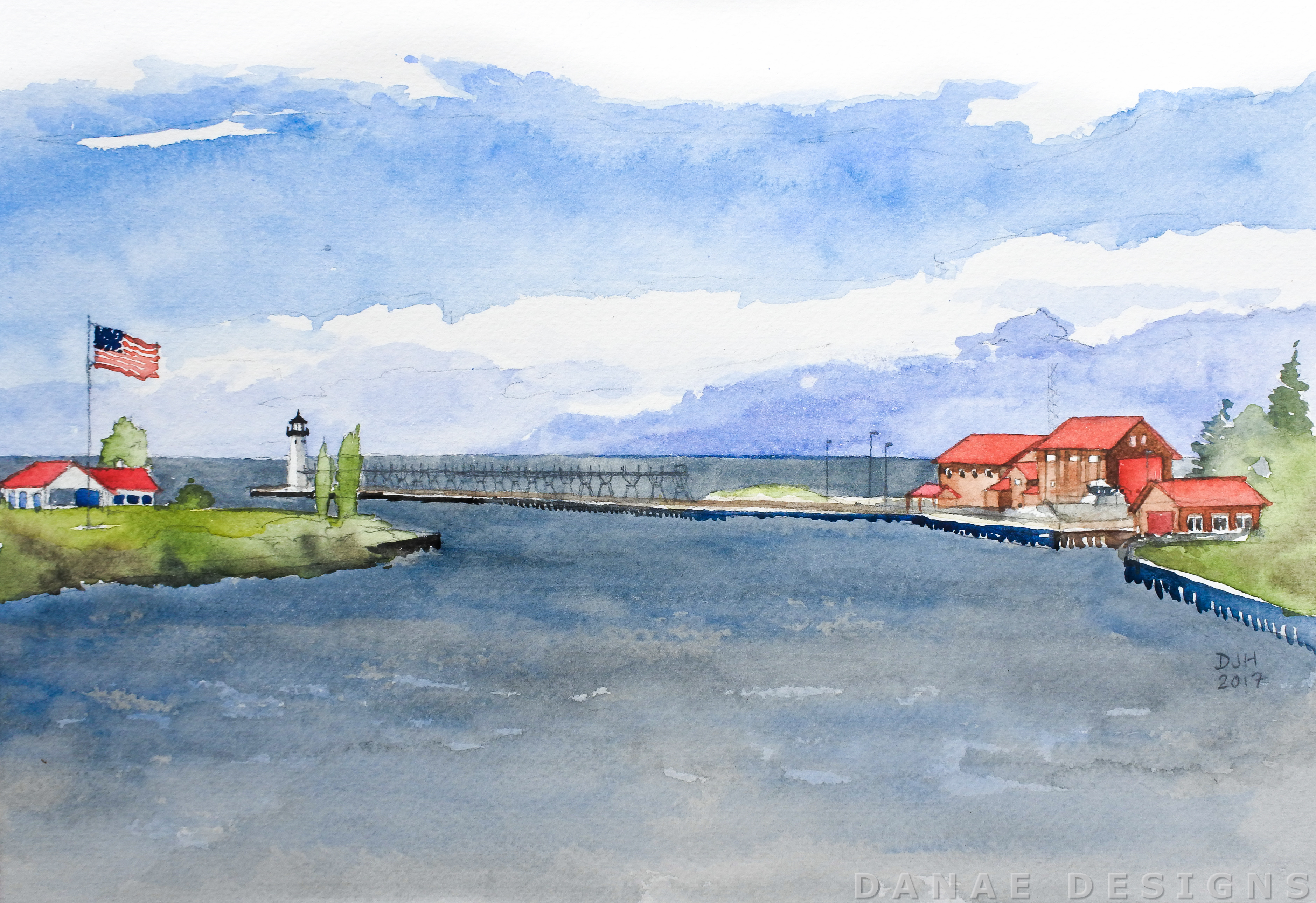 Danae Designs Watercolor Plein Air Painting Manistee First Street Harbor Lake Michigan.jpg