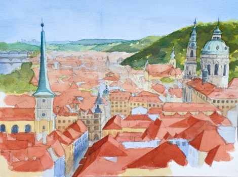 Danae Designs LLC Watercolor Plein Air Europe Prague rooftops aireal